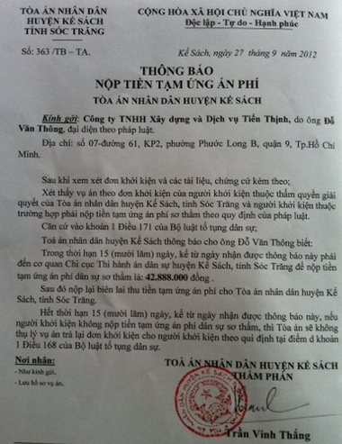 1 7 1348739285 74 Tien Thinh nop an phi Hàng loạt nhà thầu kiện đòi nợ đại gia thủy sản Lâm Ngọc Khuân