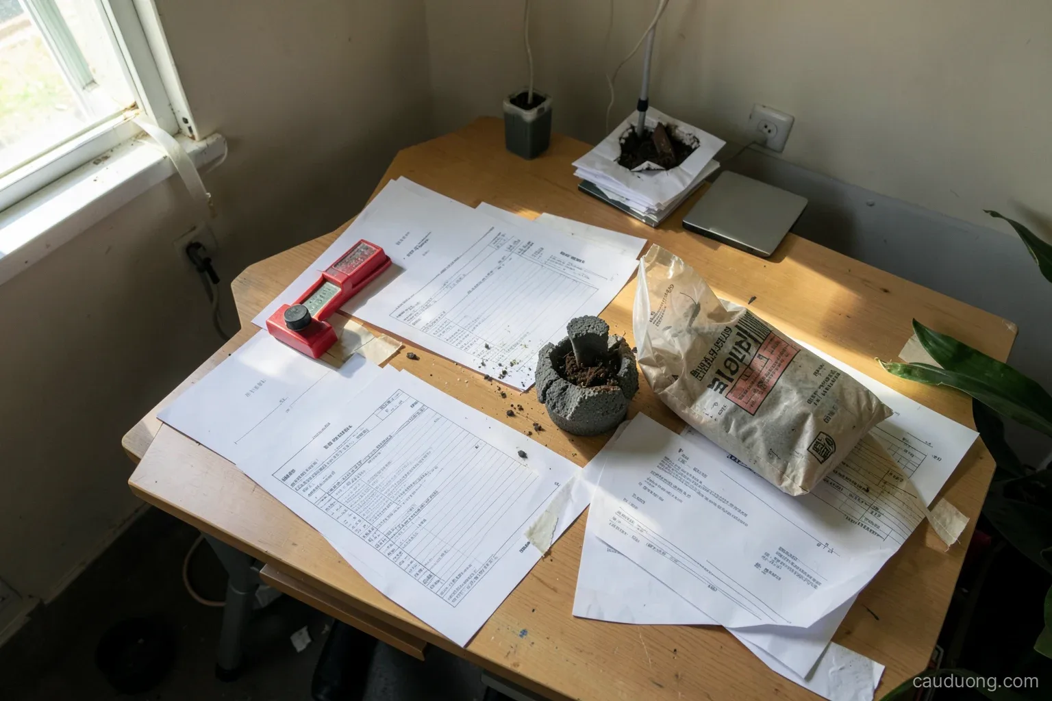 Top-down view of a cluttered site office desk with blank lab report sheets, a red stamp pad, a broken asphalt core and a soil sample bag, morning light from a window